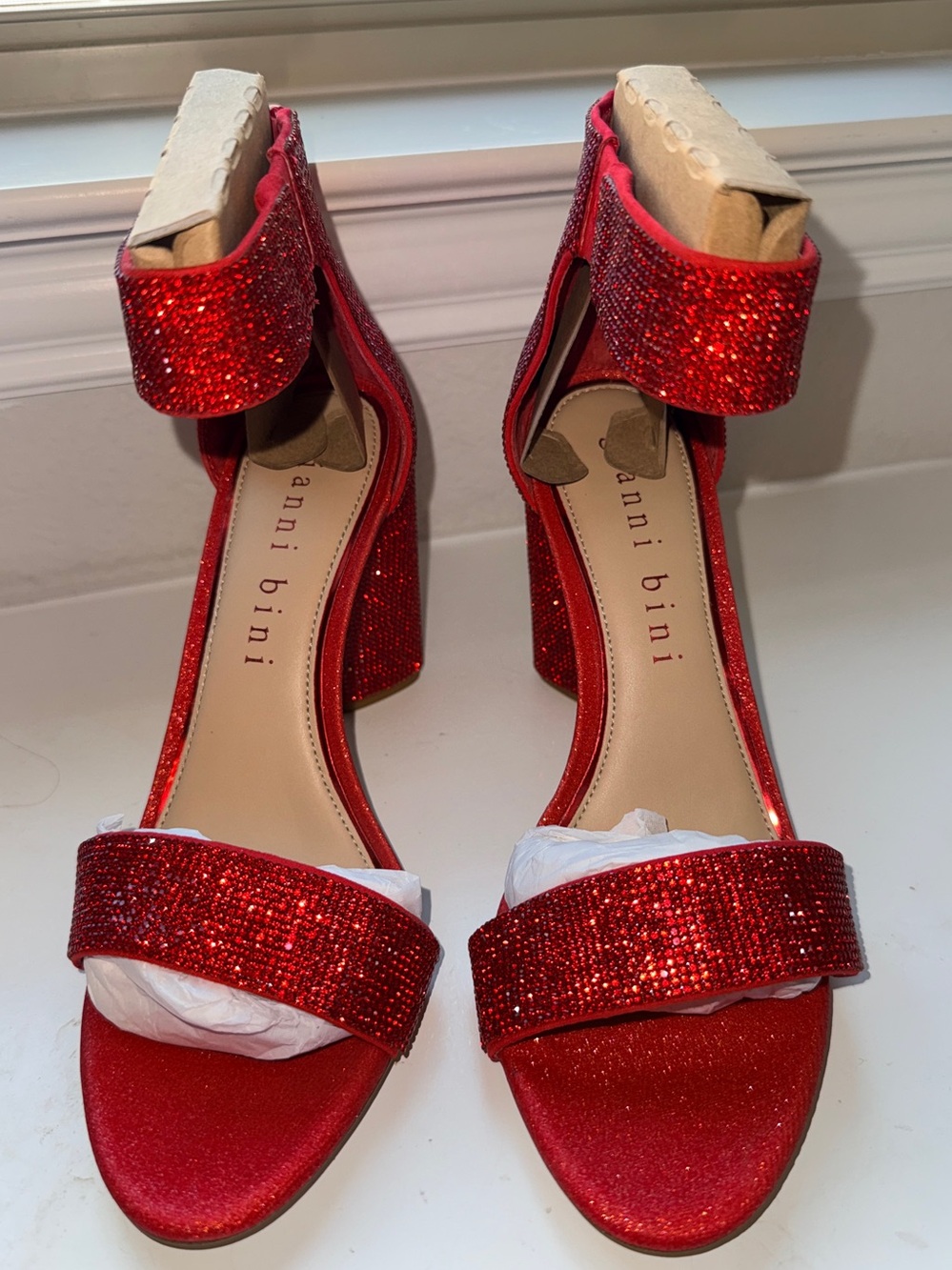 Gianni Bini Red Glitter Ankle-Strap Block Heels